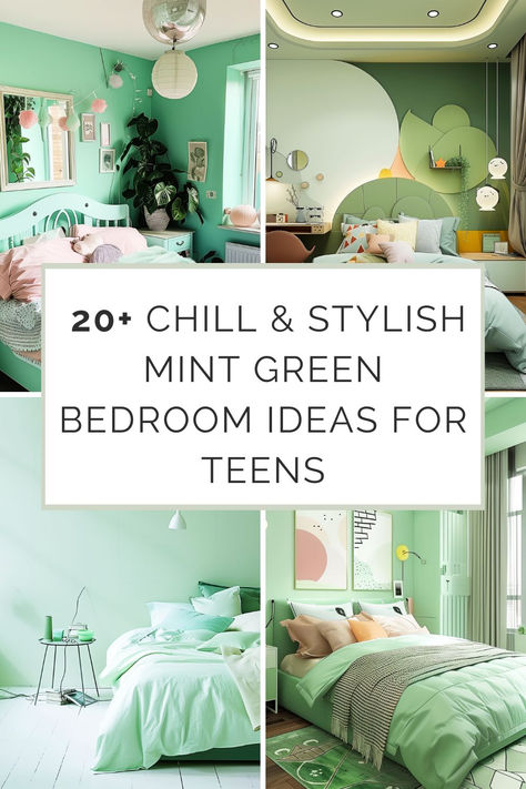 Collage of four trendy teen bedroom designs with mint green color schemes, featuring stylish decor and cozy arrangements, titled '20+ Chill & Stylish Mint Green Bedroom Ideas for Teens Light Green Kids Room, Mint Bedroom Ideas, Green Teen Bedroom, Mint Green Bedroom Ideas, Teen Bedroom Green, Rooms For Girls Teenagers, Green Bedroom Colors, Bedroom Ideas For Teens, Girls Bedroom Green