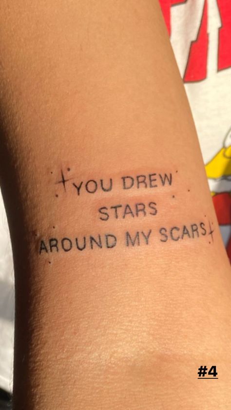 Tattoo Over Self Scar, You Draw A Star Around My Scar, Tattoos That Cover Scars, Tattoo Covering Scars, Vibey Tattoos, Stars Around Scars, Tattoos On Scars, Tattoo On Scar, Tattoo Ideas For Scars