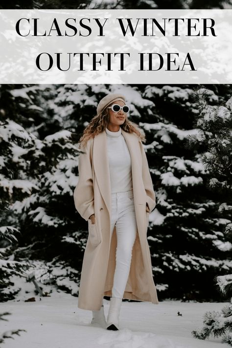 White Neutral Winter Outfits, Cream Winter Outfits For Women, Neutral Winter Outfit Classy, White In Winter Outfits, All White Winter Outfit Classy, Monochrome Winter Outfits, White Coat Outfit Classy, Classy Winter Outfits Chic, Fancy Winter Outfits Classy