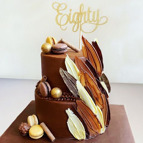 2 Tier Chocolate Cake Decoration, 2 Tier Chocolate Cake, Brushstroke Cake, Tempered Chocolate, 70th Birthday Cake, Chocolate Cake Designs, Realistic Cakes, 21st Cake, Chocolate Cake Decoration