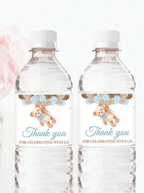 Birthday Party 16, Bear Water Bottle, Mini Milk Bottles, Diy Festival, Blue Teddy Bear, Festival Diy, Thank You Stickers, Boy Birthday Party, Milk Bottle