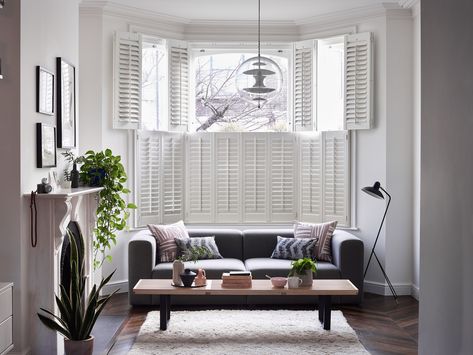 Bay Window Shutters, Cafe Style Shutters, Modern Shutters, Living Room Shutters, Shutters Living Room, Wooden Window Shutters, White Shutters, Shutter Blinds, Window Shutters