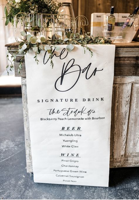 Wedding Bar Alternatives, Bar Wedding Decorations, Homemade Wedding Bar, Drinks On Us Wedding Sign, Wedding Bar Setup Receptions, Unique Bar Signs Wedding, Bar Decor For Wedding, Open Bar Ideas, Wedding Bar Area