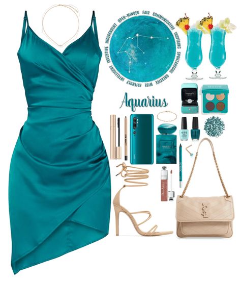 Teal Outfits Female, Cyan Outfit Aesthetic, Aquarius Looks, Teal Dress Outfit Casual, Teal And Gold Outfit, Teal Dress Accessories, Aquarius Outfits Aesthetic, Turquoise Dress Casual, Teal Outfit Ideas