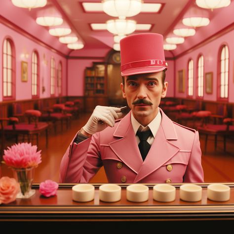 Photoshoot created by artificial intelligence, inspired by Grand Budapest aesthetic of Wes Anderson Grand Budapest Aesthetic, Wes Anderson Flowers, Wes Anderson Pink, Wes Anderson Birthday, Wes Anderson Women, Grand Budapest Hotel Aesthetic, Wes Anderson Photoshoot, Wes Anderson Room, Wes Anderson Hotel