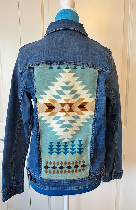 New women's denim jacket with 100% wool accent on back. Jacket made of 68% cotton, 26% polyester, 4% other fiber, 2% elastane. Back accent is 100% Pendleton wool.  Jacket should be hand washed and hung to dry or dry cleaned. Cowgirl Things, Beaded Jacket, Western Outfits Women, Pendleton Wool, Denim Diy, Blue Soft, Cute Jackets, Denim Jacket Women, Country Outfits