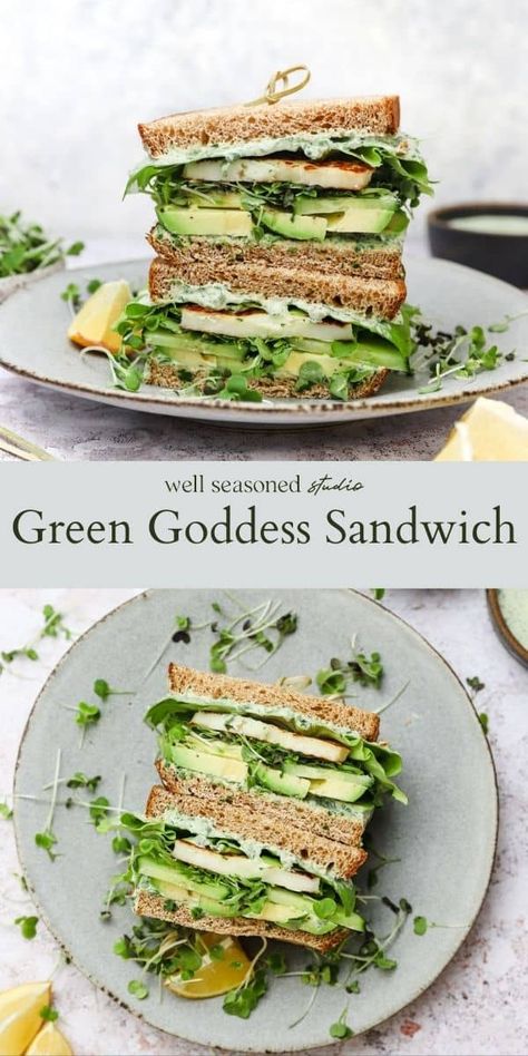 Green Goddess Sandwich Recipe Seared Halloumi, Green Goddess Sandwich, Lettuce Recipes, Fried Halloumi, Halloumi Cheese, Goddess Dressing, Grilled Halloumi, Avocado Sandwich, Green Goddess Dressing