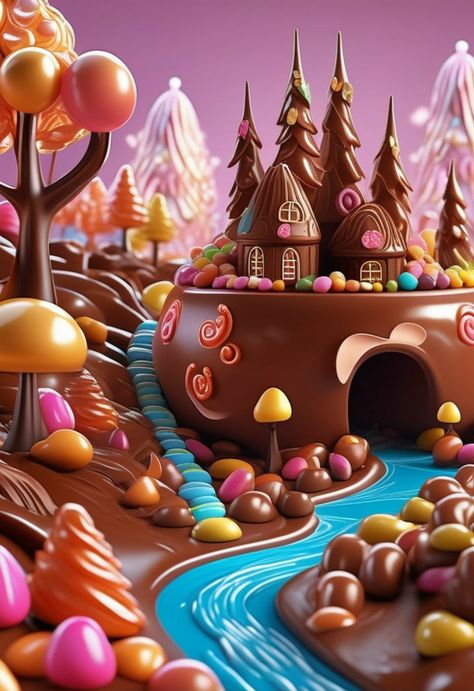 Candyland Artwork, Realistic Mannequins, Chocolate Drawing, Purple Roses Wallpaper, Chocolate Fantasy, Candy Background, Chocolate House, Chocolate City, All Candy