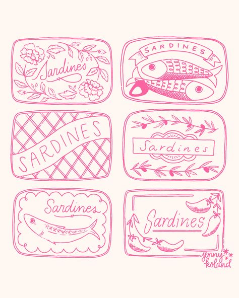 I've always been drawn to pretty packaging and tinned fish have some of the best! Love the illustrations and colors and overall vibe ❤️ So here are line art some sardine tins in a limited color palette to start the week off! #sardines #sardineart #sardineillutration #sardinetins #packagingart #packagingillustration #surfacedesign #artlicensing #artforlicensing Sardine Tin Tattoo, Sardine Drawing, Sardine Can Drawing, Sardine Packaging, Sardine Drawing Illustrations, Tinned Fish Aesthetic, Sardine Tin, Sardine Tin Illustration, Vintage Sardine Packaging