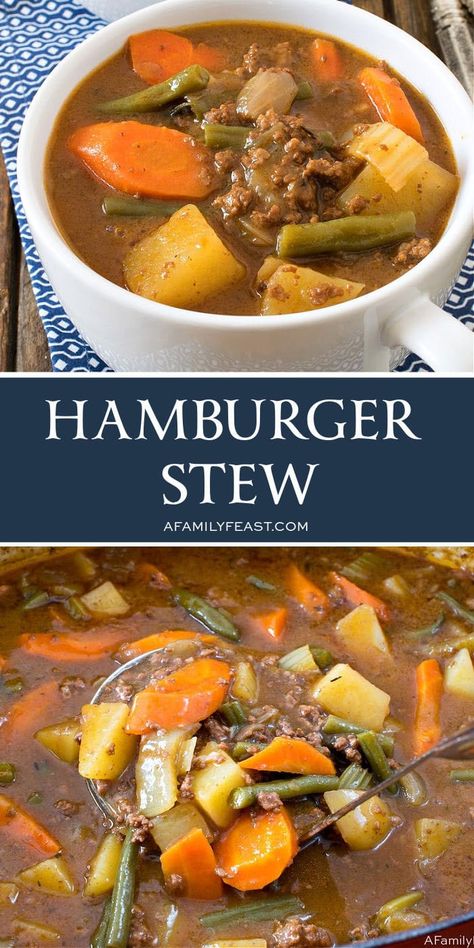 Hamburger Stew is hearty and delicious. Affordable ground beef is combined with tender vegetables in a rich and comforting stew. Family Feast Recipes, Poor Mans Stew, Ground Beef Stews, Hamburger Stew, Soup With Ground Beef, Hamburger Soup, Family Feast, Beef Stew Recipe, Beef Dinner