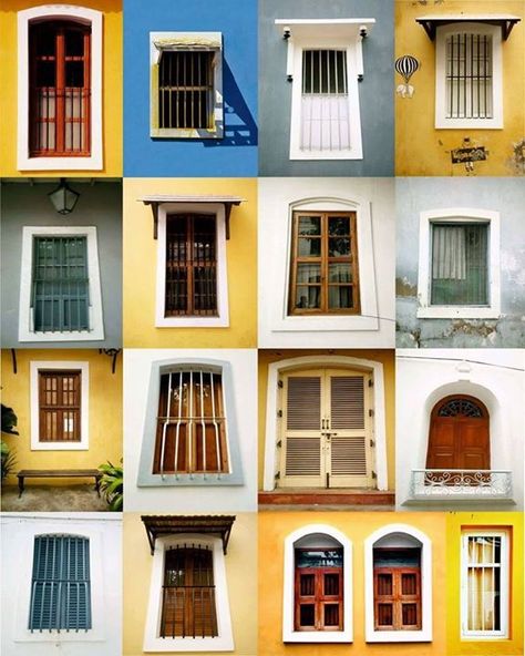 A collage of doors and windows in Pondicherry , India. Chettinad Windows, Pondicherry Doors, Pondicherry Architecture, Goan Homes, Goan Houses, Indian Window Design, Goa Villa, Old French Doors, Pondicherry India