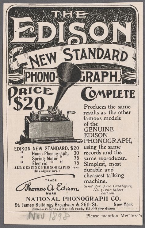 The Edison New Standard Phonograph - NYPL Digital Collections Edison Phonograph, Horror Literature, Free Vintage Printables, Free Catalogs, Thomas Edison, Music School, Record Players, Famous Models, Reading Journal