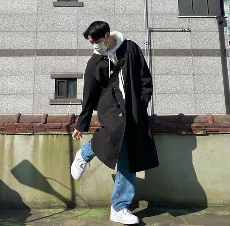 Asian Trench Coat Outfit Men, Mens Long Coat Outfit Casual, Long Coat Outfit Men Casual, Long Black Coat Outfit Men, Trench Coat Outfit Men Aesthetic, Men Black Trench Coat Outfit, Korean Trench Coat Outfit Men, Long Trench Coat Outfit Men, Melton Coat Outfit