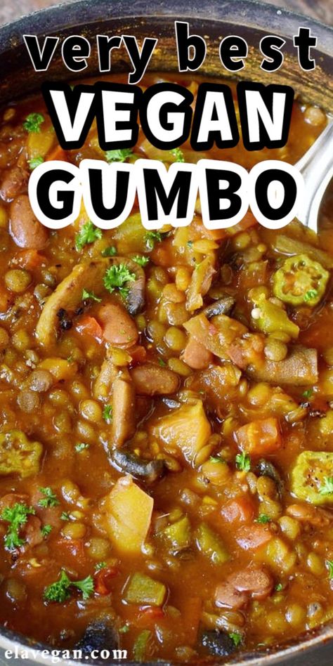 Easy Gumbo Recipe With Okra, Gumbo Recipe Without Seafood, Veggie Gumbo Recipe, Okra Vegan Recipes, Sides For Gumbo, Quick And Easy Vegan Dinner Recipes, Lentil Gumbo, Vegetarian Gumbo Recipe, Gumbo Vegan