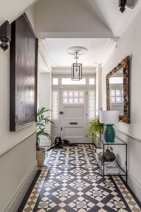 9 Pretty Passage Decor Ideas • One Brick At A Time Hallway Mosaic Floor Tiles, Victorian Hallway Tiles Entrance Halls, Tiled Entryway Floor, Mosaic Hallway, Georgian Hallway, Hallway Flooring Ideas, Hallway Tiles, Hallway Tiles Floor, Hall Tiles