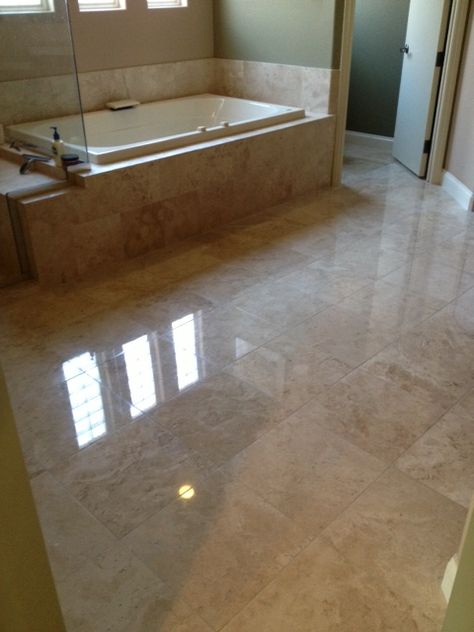 Polished Travertine Floor Polished Travertine Floors, Travertine And Wood Floor Transition, Travertino Floor, Travertine Porcelain Tile Floors, Travertine Floor Pattern, Groutless Tile, Tumbled Travertine Floors, Travertine Crazy Pave, Stone Polishing