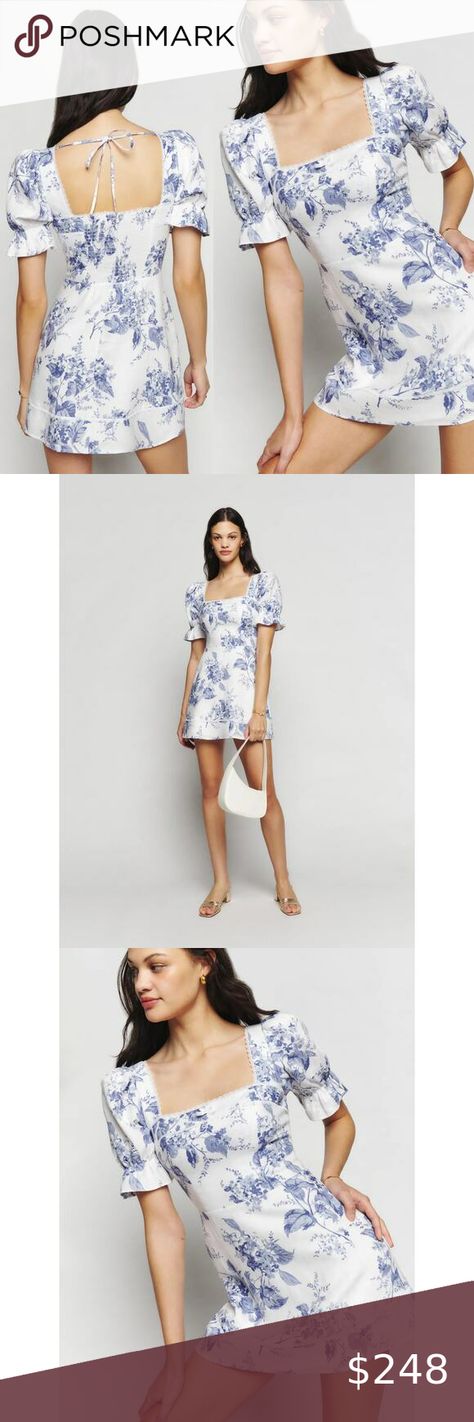 REFORMATION Evianna Linen Blue & White Toile Puff Sleeve Mini Dress US 10 NWT Puff Sleeve Mini Dress, Reformation Dresses, Mini Dress With Sleeves, Square Neckline, Linen Fabric, Smocking, Puff Sleeve, Blue White, Blue And White