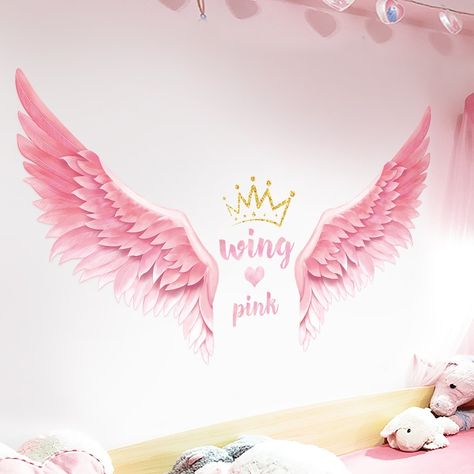 Girls Bedroom Pink Walls, Angel Wings Decor, Bedroom Stickers, Girls Room Wall Decor, Angel Wings Wall, Cheap Wall Stickers, Wing Wall, Girl Bedroom Walls, Bedroom Murals