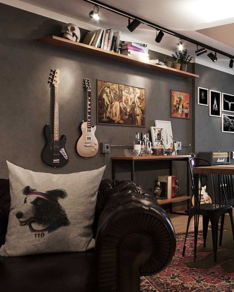 Apartamento de 200m² cheio de estilo de um casal super descolado, e que gostam de rock’n’roll e vídeo game. O desejo dos proprietários era um lar confortável, casual, elegante e atemporal. Foi confiado ao nosso escritório a estética dos lofts de Nova York. Conheça esse Projeto no LINK potricharquitetura.com #arquitetura #arquiteta #decoracaoindustrial #sala Rock N Roll Living Room, Small Bathroom Interior Design, Modern Music Room, Rock And Roll Room, Casa Rock, Rock Room, Music Room Design, Home Music Rooms, Small Bathroom Interior