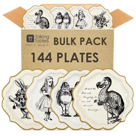 PRICES MAY VARY. Talking Tables brings back our Truly Alice range, now better than ever! Dive into the whimsical world of the Mad Hatter with these delightful plates, guaranteed to spark curiosity and enchantment in your Wonderland-themed celebration. Each pack contains 144 plates in 4 different designs; Alice, White Rabbit, Dodo Twiddle Dum, and Twiddle Dee, each with an excerpt from the literary classic Combine with our Buffet centerpiece for a party the Mad Hatter would be proud of! Each plat Alice In Wonderland Baby Shower Theme, Alice In Wonderland Bridal Shower Theme, Adult Alice In Wonderland Party, Mad Hatter Tea Party Table, Tea Party Table Decorations, Table Decorations Birthday, Alice In Wonderland Party Ideas, Hoco 2024, Shower Garden