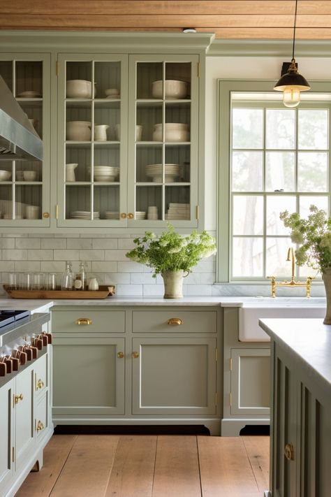 Cottagecore Kitchen Green, Wood Accents In Kitchen, Groovy Interiors, Kitchen 2025, Sage Kitchen, Sage Green Kitchen, Green Kitchen Cabinets, Green Cabinets, Kitchen Farmhouse