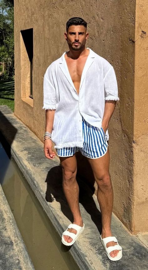 Greece Men’s Outfit, Miami Outfits Men Night, Colombia Outfits Men, Jamaica Outfits Men, Men’s Beach Wear, Yacht Party Outfit Men, Beach Party Outfit Men, Men Coachella Outfits, Beach Wear For Men