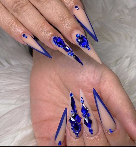 Blue Stilletos Nails, Blue Bling Nails Rhinestones, Baby Blue Stiletto Nails, Royal Blue Stiletto Nails, Blue Nails Bling, Blue Nails Stiletto, Blue Stiletto Nails Design, Blue Rhinestone Nails, Bling Stiletto Nails