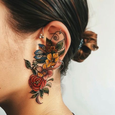 #tattooideas #tattootrends #inkinspiration #bodyart #tattooaddict #tattooenthusiast #tattooinspo #tattooart #tattooinspiration #tattooideas2025 #tattooartist #tattooedlife #tattooedgirls #tattooedguys #tattooedcommunity Flower Tattoos Behind Ear, Tiny Behind The Ear Tattoos, Strong Women Tattoos, Ear Tattoo Design, Behind The Ear Tattoos, Back Of Thigh Tattoo, Polynesian Tattoos Women, Artsy Tattoos, Bright Tattoos