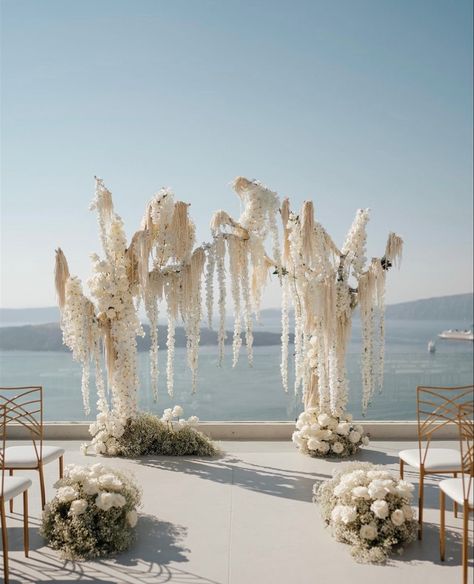 Wedding Tree Backdrop, Hanging Amaranthus Wedding Arch, Dreamy Mood Board, Ethereal Wedding Color Palette, Amaranthus Wedding Arch, White Wedding Altar, Fairytale Wedding Ceremony, Wedding Installations, Marina Wedding