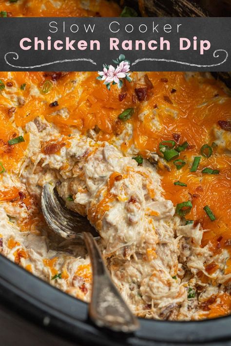 This Slow Cooker Ranch Chicken Dip is so easy to make! Cheesy, creamy and packed with delicious flavors. You won’t even notice that this recipe is low carb! #RanchChickenDip #SlowCookerRecipe #OliviasCuisine Chicken Dips Crockpot, Ranch Chicken Dip, Slow Cooker Ranch Chicken, Crockpot Rotisserie Chicken, Chicken Cheese Dip, Slow Cooker Dips, Bacon Ranch Dip, Recipes To Feed A Crowd, Cold Appetizer