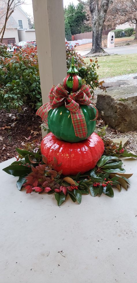 Using Pumpkins For Christmas Decor, Pumpkins Into Christmas Decorations, Upcycle Pumpkins, Turning Pumpkins Into Christmas Decor, Turn Pumpkins Into Christmas Decor, Recycled Pumpkin Crafts, Repurpose Pumpkins For Christmas, Christmas Pumpkins Decoration Ideas, Pumpkin Made From Drawers