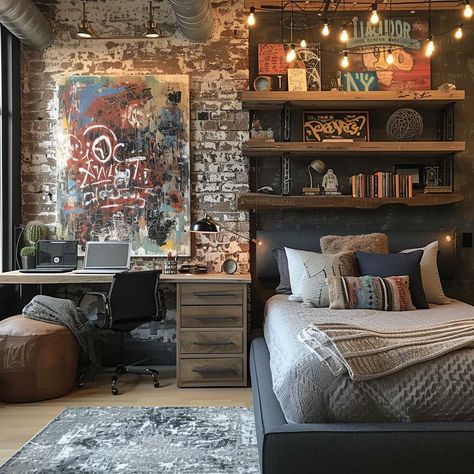 3+ Fresh and Funky Modern Teen Boy Bedroom Styles • 333+ Inspiring Lifestyle Ideas Teen Hang Out Room Ideas Decor, Teen Boy Bedding Ideas, Teen Boys Small Bedroom Ideas, Boys Bedroom Accent Wall, Boys Small Bedroom Ideas, Preteen Boys Bedroom Ideas, Preteen Boys Room, Skater Bedroom, Bedroom Ideas Industrial