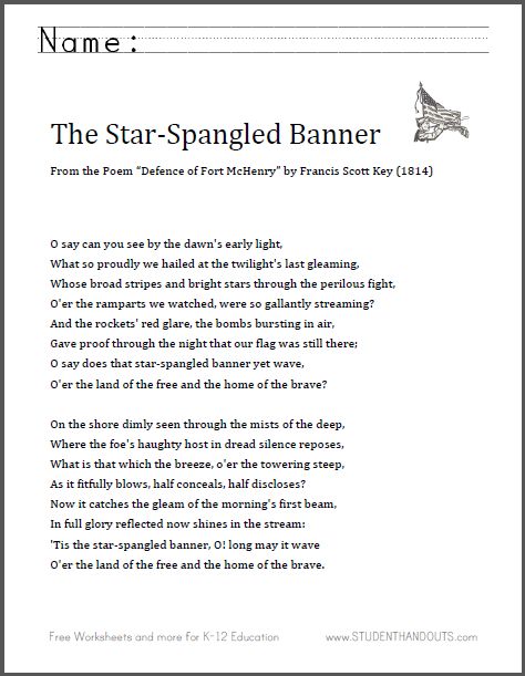 The Star-Spangled Banner - Complete Lyrics - Free to Print | 2014 is the bicentennial of this famous poem, written by Francis Scott Key as "Defence of Fort McHenry" in 1814. Star Spangled Banner Lyrics Free Printable, Star Spangled Banner Lyrics, Banner Lyrics, Nice Poems, Ahg Badge, Fort Mchenry, Patriotic Songs, Francis Scott Key, Fun Holidays