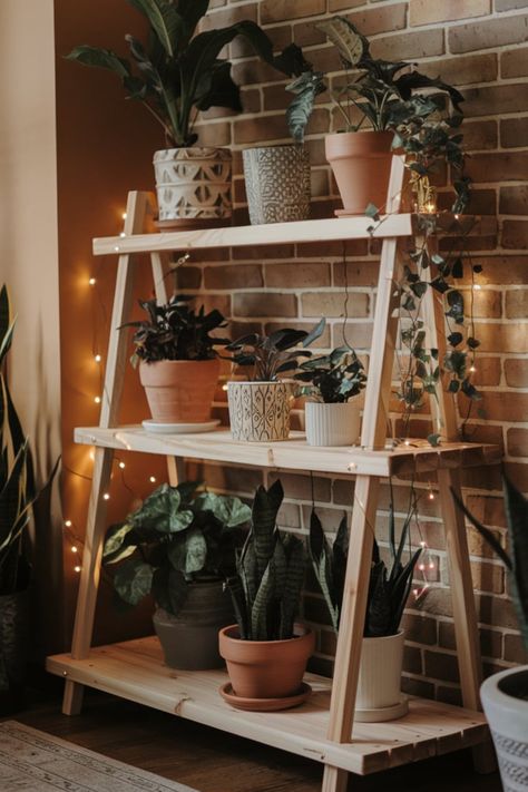 Transform your space into a rustic haven with wooden plant shelves. Add accent lighting and decorative greenery to design a cozy and environmentally conscious focal point in your home. #RusticPlantShelf #IndoorGreenery #NaturalHomeDecor #RusticHomeStyle #EcoFriendlyLiving #CozyPlantDecor #WoodenShelvesDesign #RusticVibes #IndoorPlantIdeas #WarmLivingSpace Wooden Plant Shelves, Plant Bookshelf, Plant Shelf Ideas, Plants Shelf, Plant Ladder, Plant Shelf, Ladder Shelf, Unique Plants, Eco Friendly Living