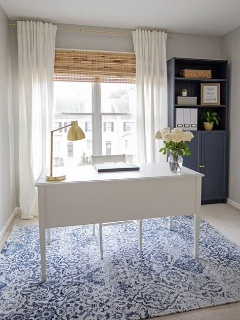 A pretty home office makeover filled with easy DIY projects that make a big impact. This office transformation has a navy, grey, and natural decor style and functional office storage ideas. Office Transformation, Storage Office, Cabinets Storage, Grey Office, Cute Dorm Rooms, Diy Office, Office Office, White Office, Office Layout