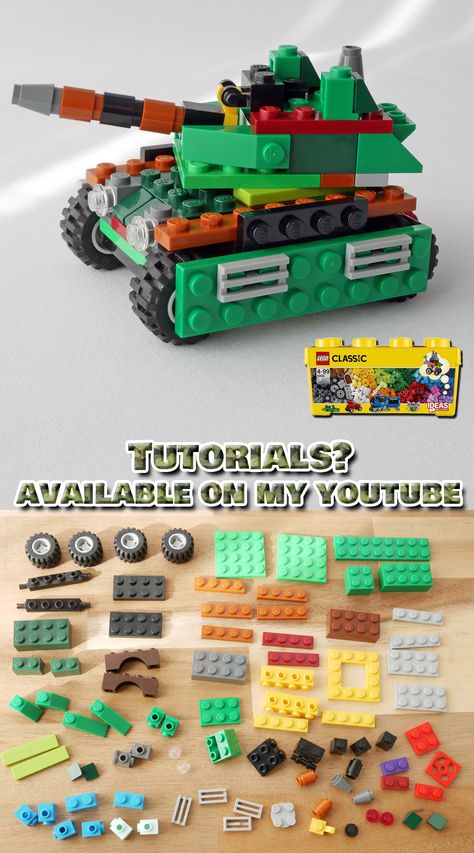 Learn how to build a battle tank using LEGO Classic 10696! This tutorial shows you step-by-step instructions for creating a tank. Since there are no parts for the caterpillar, side skirts are used and tires are used to allow it to move back and forth. The main gun can be raised and lowered, and the turret can rotate 360 degrees. 「レゴ クラシック10696」だけを使って誰でも簡単に自作出来る説明書を作ったよシリーズ！当サイトオリジナル、今回は10696だけを使って作れる戦車の組み換えレシピです。キャタピラーのパーツが無いのでサイドスカート仕様にし、タイヤを使い前後に移動できるようにしました。主砲は上下、砲塔は360度回転出来ます。限られたパーツでも工夫して組み立てる方法もわかる様になります。 Lego Builds Ideas Easy, Lego Things To Build Easy, Lego Free Build Ideas, Lego Building Ideas With Random Pieces, Lego Boat Ideas, Lego Tank Instructions, Lego Classic 10696 Ideas, Easy Lego Creations With Instructions, Lego Builds Easy