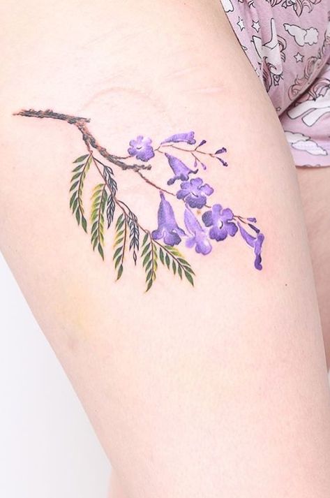 Jacaranda Flower Tattoo, Guaria Morada Tattoo, Jacaranda Tree Tattoo, Wisteria Flower Tattoo, Jacaranda Tattoo, Jacaranda Flower, Purple Flower Tattoos, Tree Tattoo Designs, Botanical Tattoo