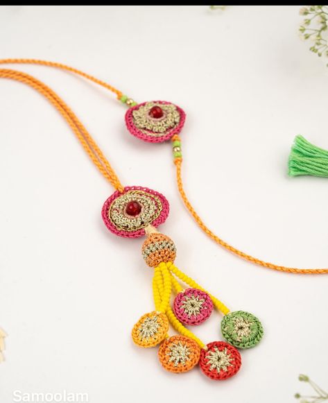 Rakhi Craft, Crochet Rakhi, Crochet Flower Granny Square Pattern, Crochet Keyring, Handmade Rakhi Designs, Diy Crochet Flowers, Rakhi Making, Crochet Jewellery, Crochet Hair Clips