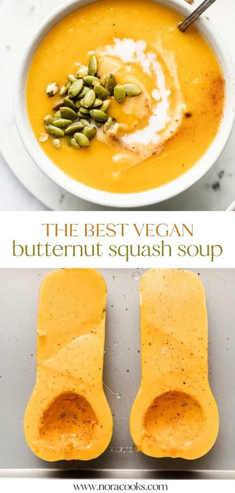 This rich and comforting Vegan Butternut Squash Soup is perfect for fall. Easy to make by blending roasted butternut squash with simple, warming ingredients, it’s a foolproof meal you won’t be able to get enough of. Vegan Squash Soup Recipes, Plant Based Butternut Squash Soup, Butternut Soup Vegan, Easy Vegan Butternut Squash Soup, Butternut Squash Soup Vegetarian, Butternut Squash Soup Whole 30, Butternut White Bean Soup, Simple Squash Soup, Butternut Squash Vegan Soup