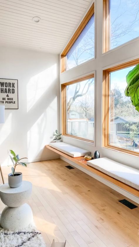 urbanoreganics on Instagram: Soooo... remember 3 months ago when we built this floating window bench? We just finally got the cushions for them last week, which… Long Bench In Front Of Window, Window Ledge Seating, Office Window Bench, Picture Window Bench Seat, Floating Window Bench, Built In Floating Bench, Window Bench Kitchen, Floating Bench Seat, Bay Window Bench