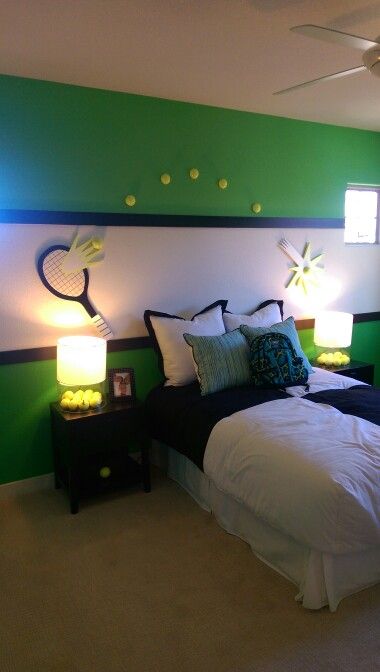 Tennis room Tennis Room Ideas, Tennis Bedroom Ideas, Tennis Room Decor, Tennis Bedroom, Tennis Room, Bedroom Ideas For Boys, Tennis Decor, Sports Themed Bedroom, Tennis Wall