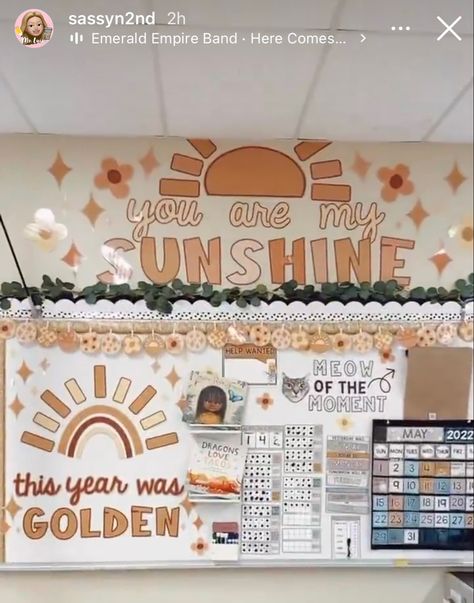 Here Comes The Sun Classroom Door, You Are My Sunshine Classroom Theme, Groovy Theme, Classroom Aesthetic, Board Organization, Middle School Classroom Decor, Music Classroom Decor, Classroom Goals, Teacher Doors