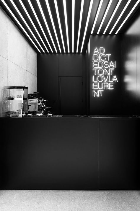 Saint Laurent Opens a Café in Paris Saint Laurent Cafe Paris, Black Cafe Interior, Saint Laurent Interior, Minimal Cafe Design, Minimal Cafe, Opening A Cafe, Cafe Black, Coffee Store, Garage Cafe