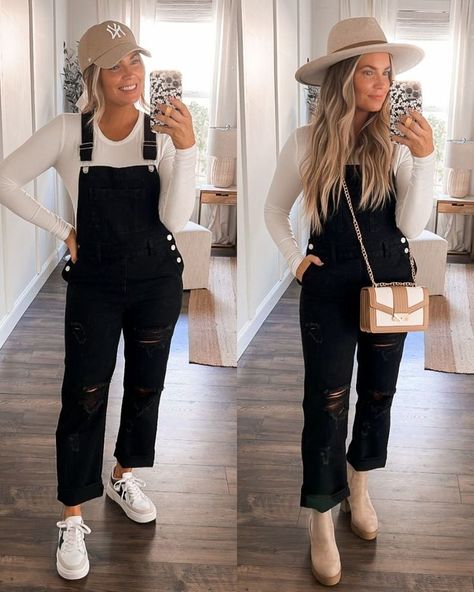 Black Overalls Outfit Fall, Overalls Winter Outfit, Overalls Outfit Spring, Womens Overalls Outfits, Overalls Outfit Fall, Overalls Outfit Winter, Black Long Sleeve Outfit, Black Overalls Outfit, Fall Overalls