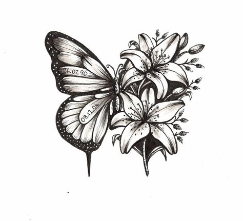 Lilies Tattoo Design, Lilies Tattoo, Ink Butterfly, Butterfly With Flowers, Butterfly Tattoo Stencil, Lily Tattoo, Tattoo Stencil, Lily Flower, Butterfly Tattoo