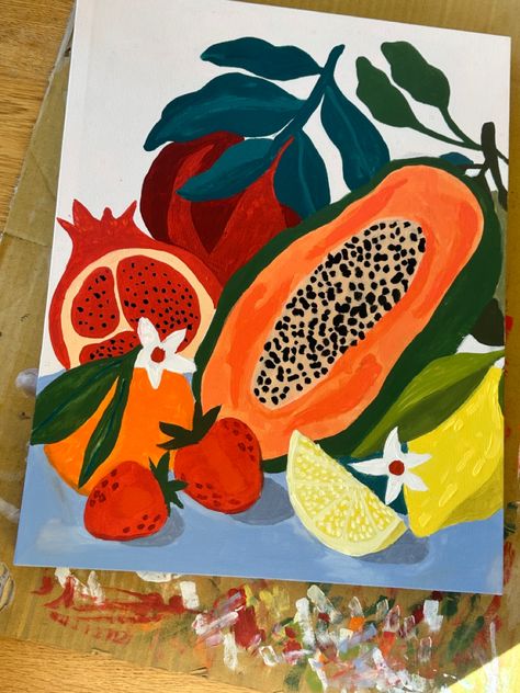 Veggie Painting Acrylic, Esthetics Paintings, Kitchen Painting Ideas Canvas Diy Art, Complementary Colors Art Ideas, Abstract Fruit, Papaya Art, Fruit Drawing, Black Canvas Paintings, Fruits Drawing