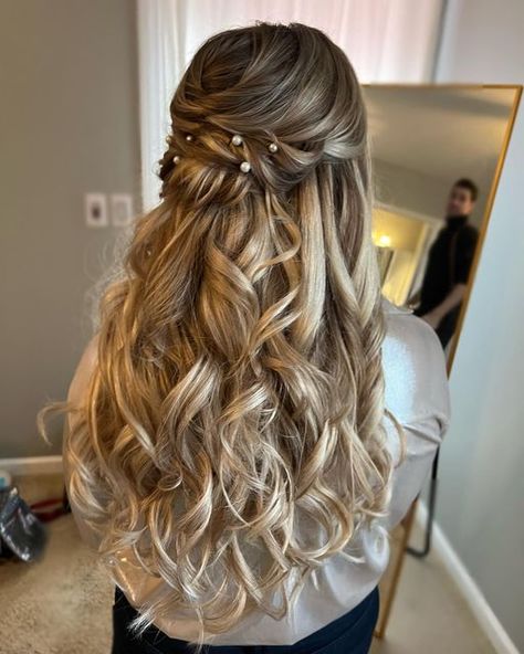 Shannon Bishop Hair | Stylist on Instagram: "Bridal twisted half up • handmade hair pin pearls I made for this beauty ♥️ • Hair I styled for @configurebeautydetroit • #shannonbishophair #beauty #hairstylist #weddinghair #bridalhair #hairstyle #hair #michigan #hair #love #bridesmaidshair #modernsalon #americansalon #bride #behindthechair #hairstyle #waves #michiganhairstylist #livoniahairstylist #wedding #bridalhairinspo" Wedding Hairstyles Half Up Half Down With Pearls, Hair Pearls, Bridal Half Up Half Down, Hair Portfolio, Handmade Hairpin, Pearl Pin, Wedding 2025, Half Updo, Balayage Brunette