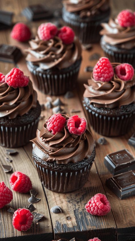 A tray of chocolate raspberry cupcakes with rich, dark chocolate frosting, each topped with a fresh raspberry and a sprinkle of chocolate shavings. The cupcakes are set on a rustic wooden table with a few scattered raspberries and pieces of dark chocolate around them. Raspberry Cupcake Recipes, Dark Chocolate Frosting, Raspberry Ganache, Chocolate Raspberry Cupcakes, Raspberry Frosting, Chocolate And Raspberry, Chocolate Ganache Frosting, Raspberry Cupcakes, Ganache Frosting