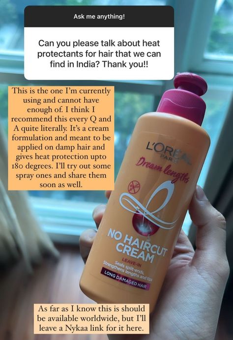 Heat Protectant for Hair Review/Suggestion Loreal Leave In Conditioner, No Haircut Cream, Loreal No Haircut Cream, Loreal Dream Lengths, Best Heat Protectant For Hair, Indian Skincare, Hair Care Oils, Loreal Hair, Healthy Hair Routine