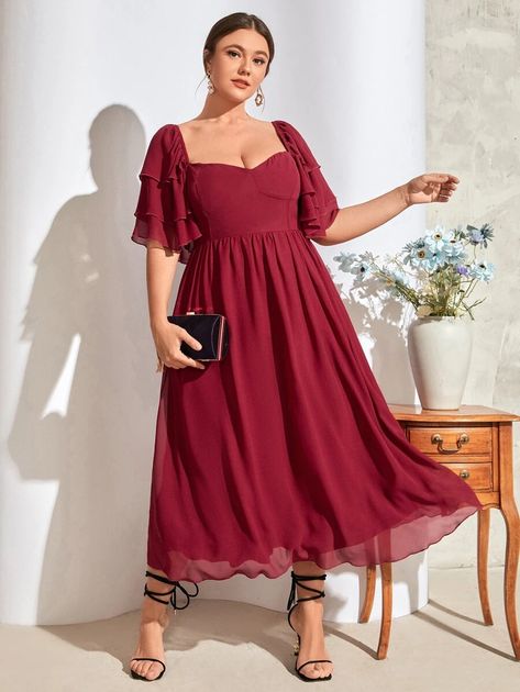 SHEIN Plus Layered Sleeve Tied Backless Overlay Dress | SHEIN USA Simple Party Outfit Plus Size, Burgundy Plus Size Dress, Plus Size Wedding Guest Dresses Summer, Bridesmaid Dresses Curvy Plus Size, Formal Wedding Guest Dress Plus Size, Summer Wedding Guest Dress Plus Size, Plus Size Dresses To Wear To A Wedding, Plus Size Wedding Guest Dress Summer, Wedding Guest Dress Plus Size